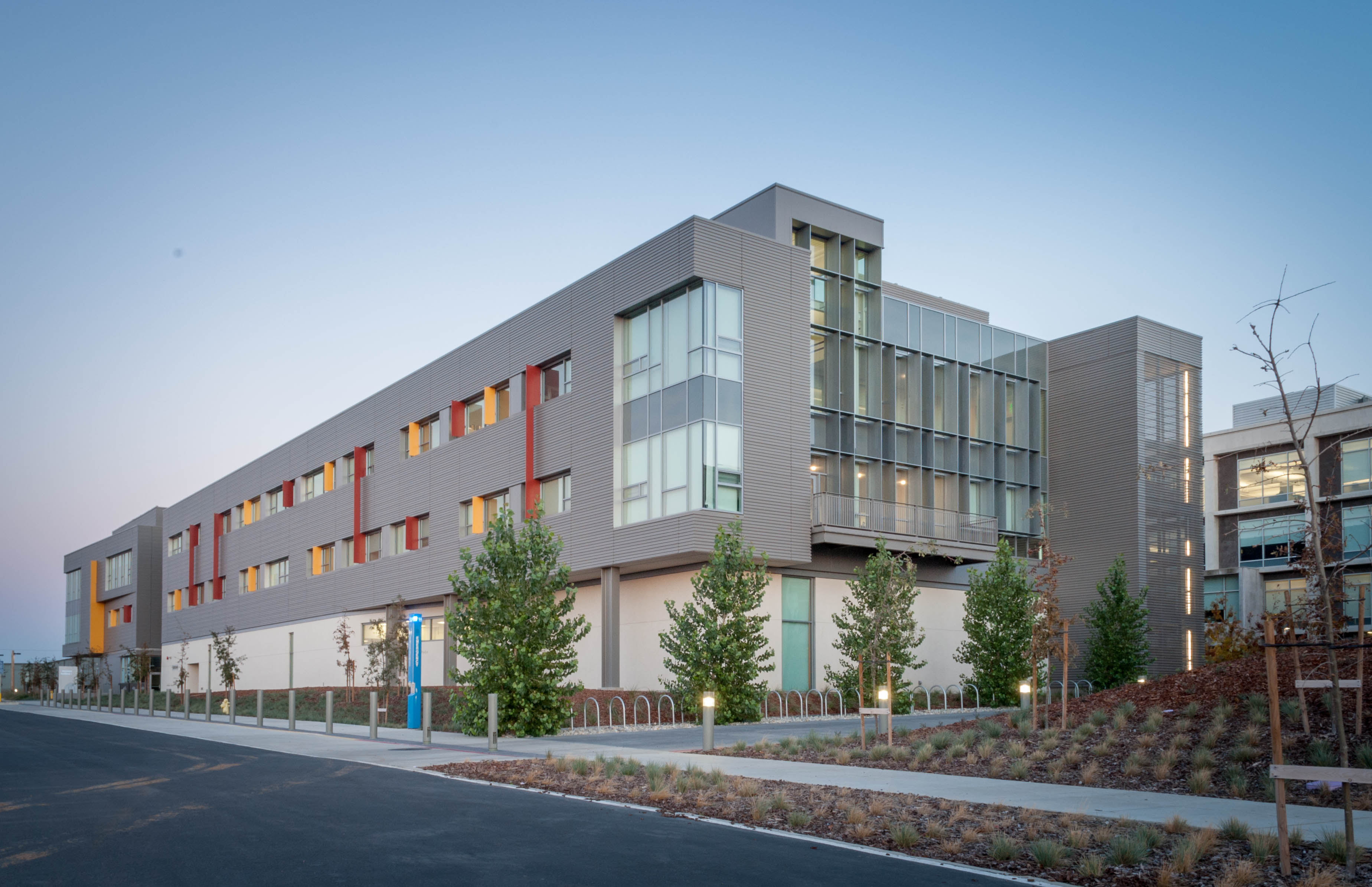 Morin metal wall panels — UC Merced campus building at dusk, CA